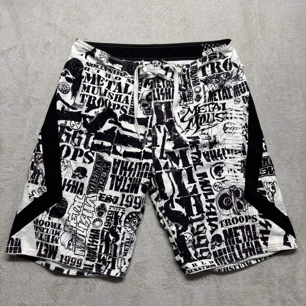 Metal Mulisha Y2K Board Shorts Mens 36 Graphic Print Black White Moto EUC